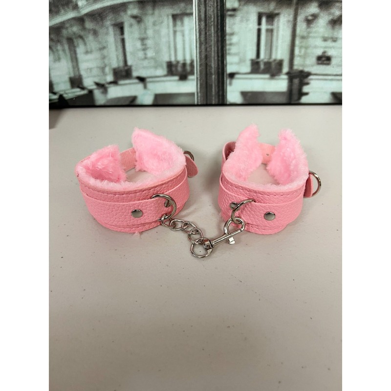 Pink Plush Lined PU Wrist Cuffs, Adjustable Restraint Handcuffs