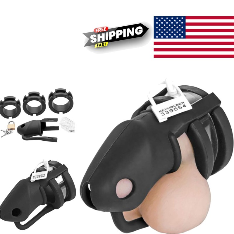 Adjustable Silicone Cock Cage for Men Breathable Black Chastity Device with Keys