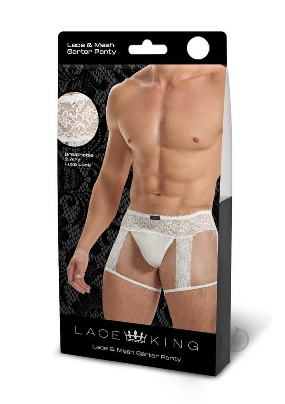 Lace King Men`s Lace and Mesh Garter Panty – M/L – White