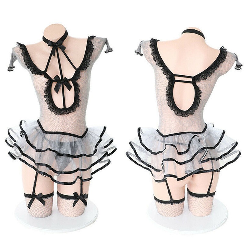 Sexy Lingerie Lace Transparent Bubble Skirt Open Chest Nighwear Women Uniform US