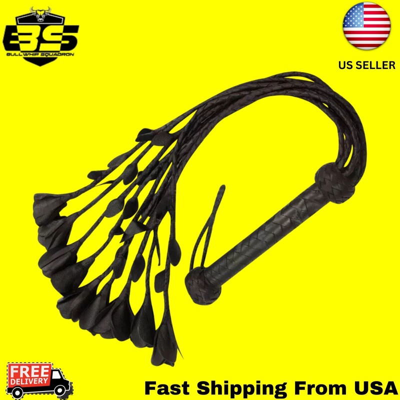 Leather Flogger , Cowhide Leather Black 09 Rose Tails Heavy Duty