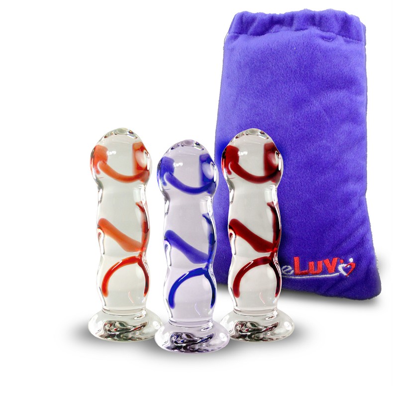 LeLuv Glass Dildo Veiny Texture Short Shaft Flat Base With Velvety Padded Pounch