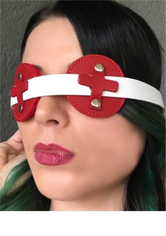 Red/White Cross Real Leather Disc Blindfold W/ Fleece Lining - Lockable gallery
