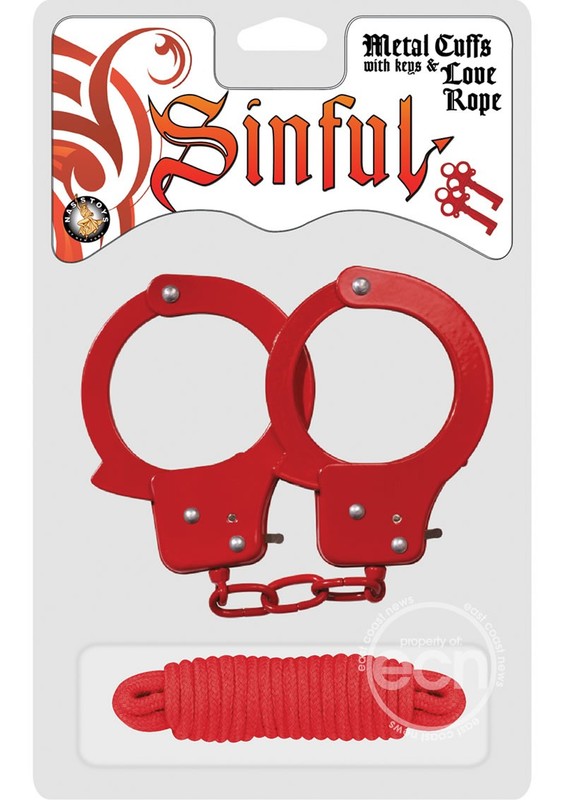 Sinful Metal Cuffs with Keys & Love Rope - Red