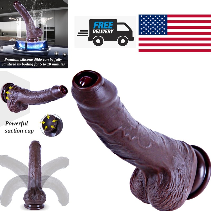 Movable 8 Inch Black Foreskin Dildo Waterproof Silicone Anal Penis for Couples