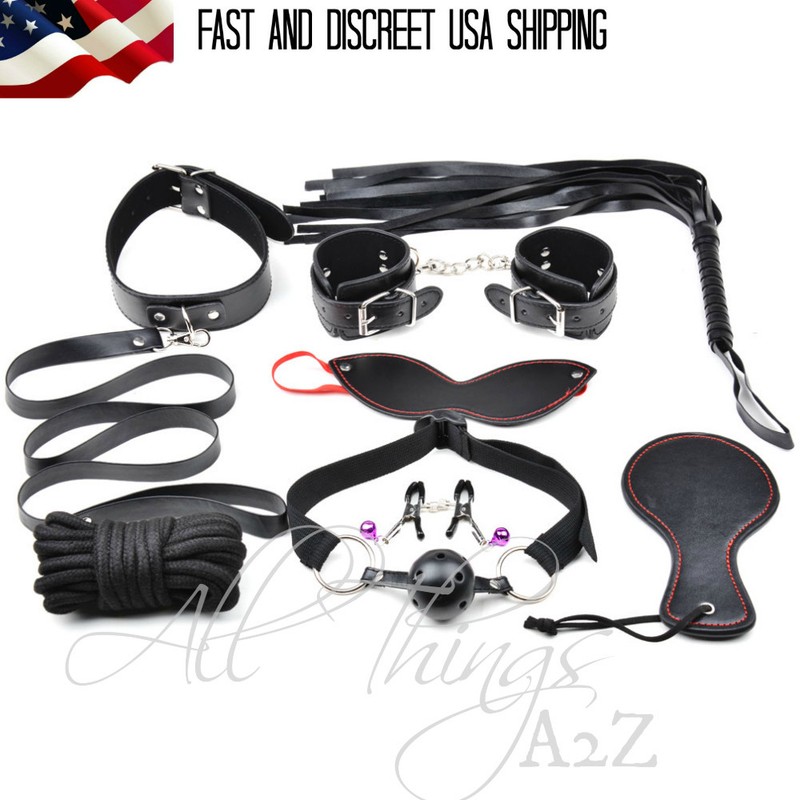 Black 8pc Bondage Restraint Set Kit Ball Gag Cuff Whip Collar BDSM High Quality