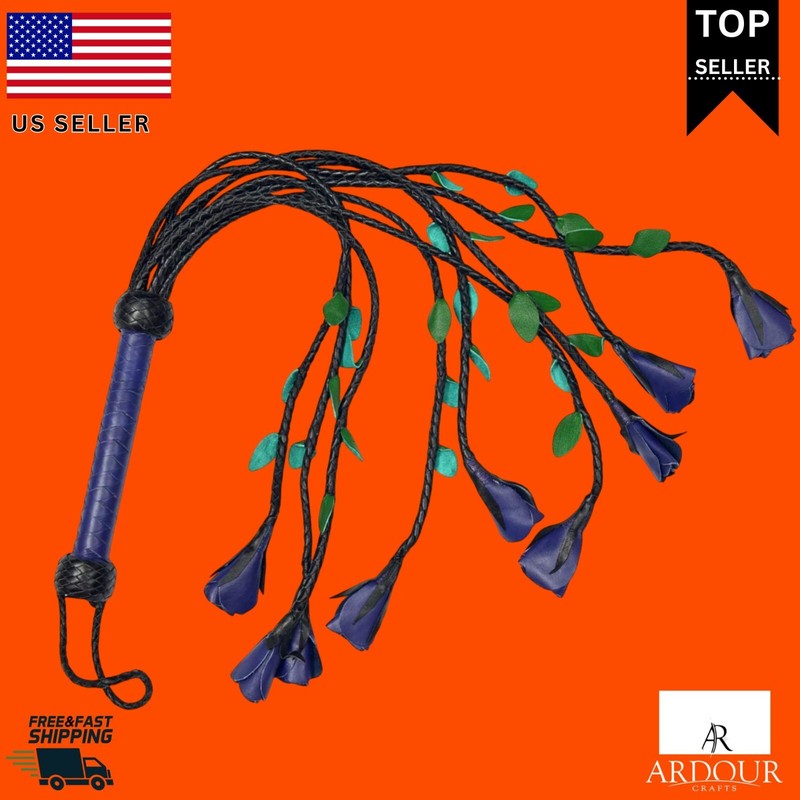 Genuine Leather Handmade Braided Flogger – 9&Prime; Handle, 22&Prime; Tails, Purple Rose Des