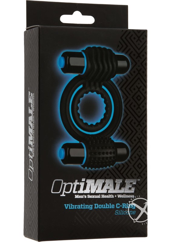 OptiMALE Silicone Vibrating Double Cock Ring with Dual Bullets – Black