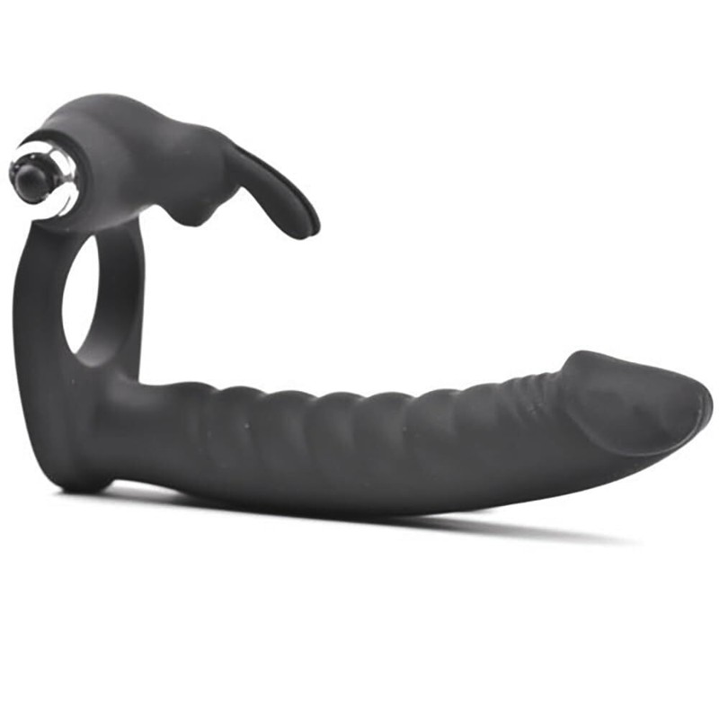 6 inch Vibrating Double Penetration Cock Ring Penis Strap On DP Vagina Anal