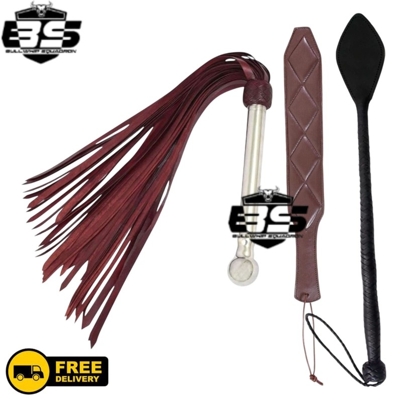 Genuine Leather Flogger 50 Tails Set with Paddle & 24&Prime; Riding Crop Whip Handmade
