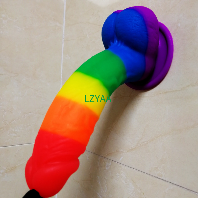 Realistic Dildo Rainbow Color Sex Toys Silicone Material Suction Cup No Smell
