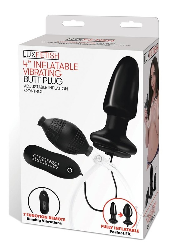 Lux Fetish Latex Inflatable Vibrating Butt Plug with Wired Remote Control 4in