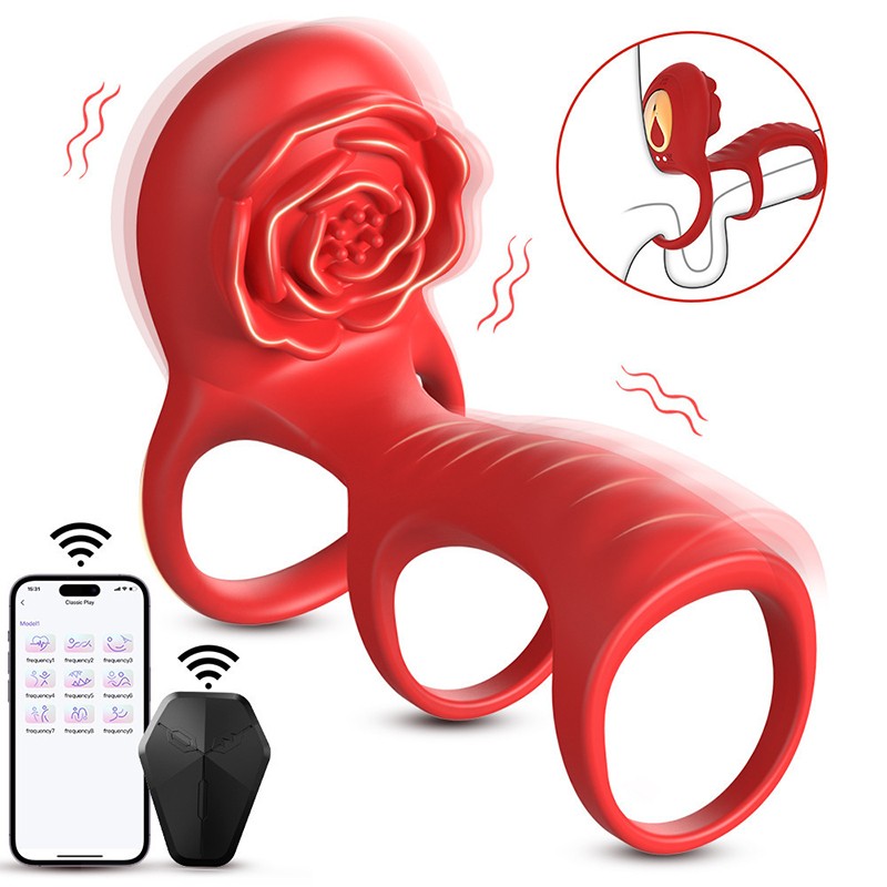 Flower Triple Band Vibrating Cock Ring w/ Remote & Shaft Sleeve Silicone ABS New