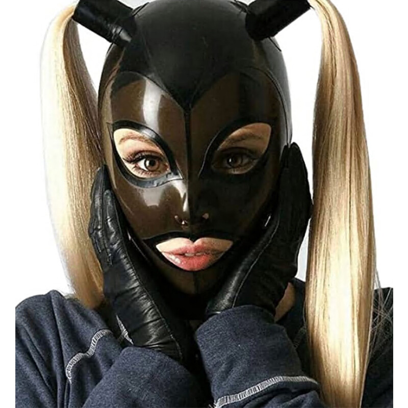 Latex Hood with Blond Ponytail Wig Rubber Mask with Hair Pigtail Tube Club Wear