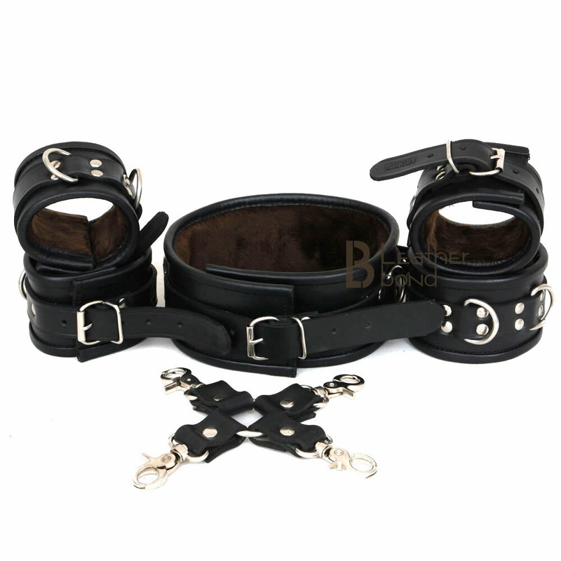 Thick Real Leather Wrist Ankle Cuffs & Neck Collar Restraint Set Black 6 Pieces