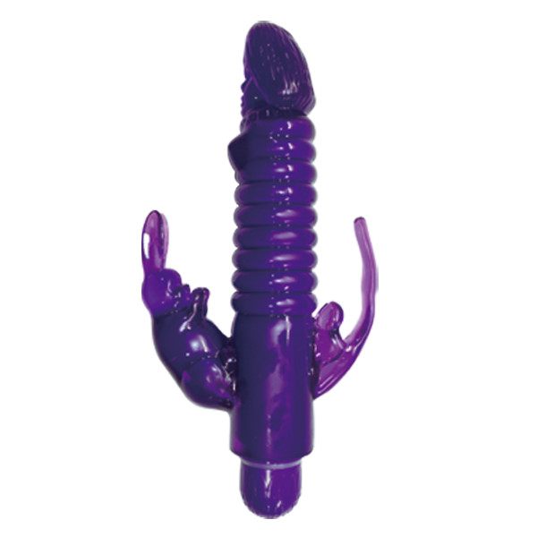 Purple Ribbed Bunny Vibe with Anal Tickler and a Clitoris Stimulator. Waterproof