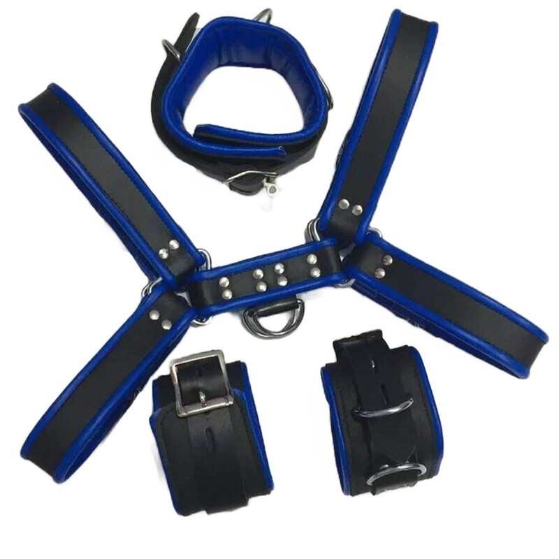 Black Leather Body Harness Set Blue Padded Collar Wrist Cuffs BDSM Kit