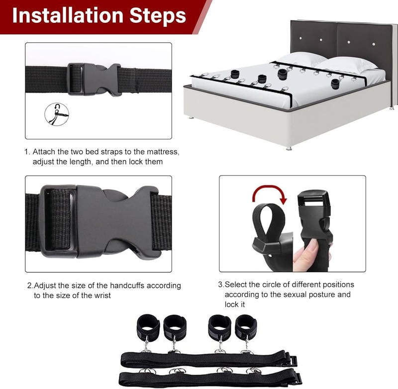 Sex Bondage BDSM Kit, Under King/Queen Bed Restraints Set, Black gallery