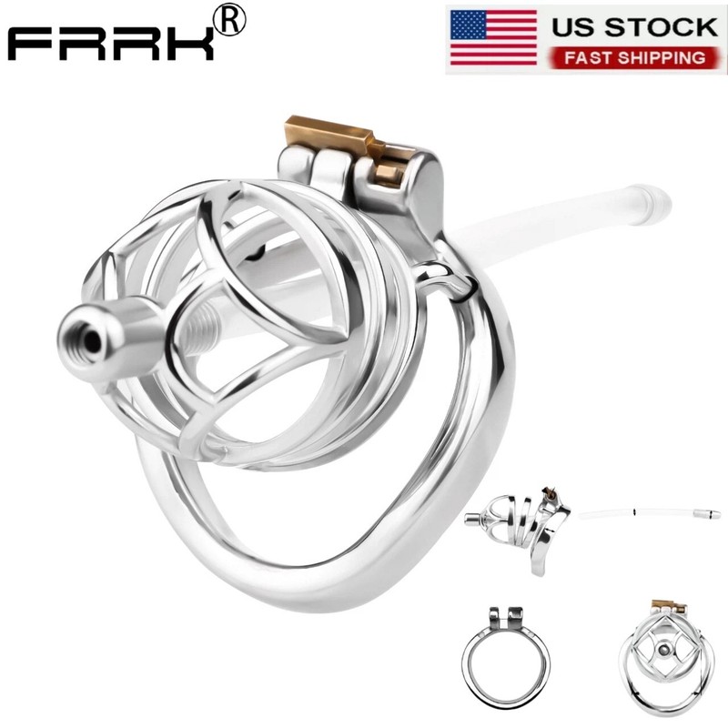 FRRK Male Chastity Cage Lock Device With Tube 45mm 50mm Curve Circle Rings