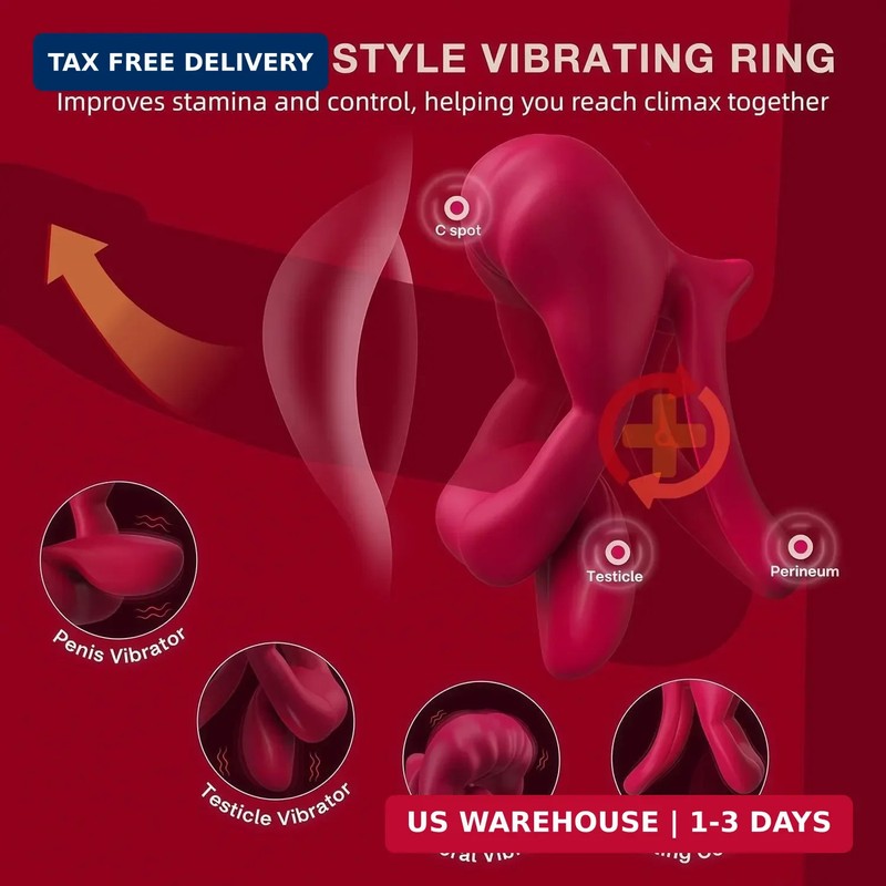 Vibrating Cock Ring with Flexible Tongue Vibrator, Dual Penis Ring with Mouth-Sh gallery