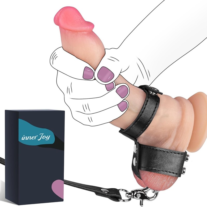 Black Leather Cock Ring Sex Bondage BDSM Testicle Pulling Collar and Leash toy