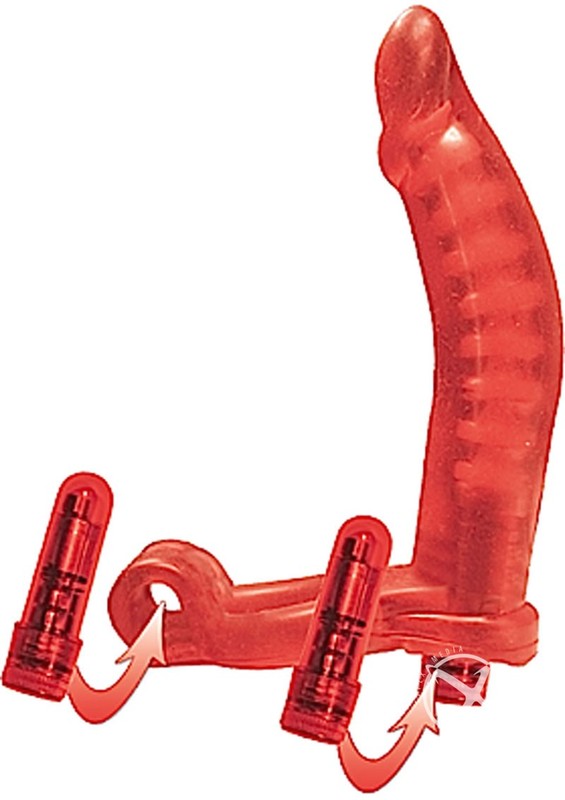 Double Penetrator Ultimate Cock Ring with Vibrating Dildo -Red gallery