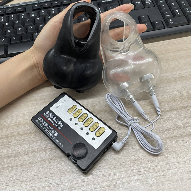 E-stim Ball Stretcher Scrotum Time Delay Shock Accessories Set Toy Cock Rings gallery