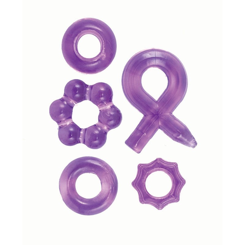 FIVE PIECE COCK RING DELUXE SET -PURPLE, COMFORTABLE NEW MATERIAL STRETCHABLE