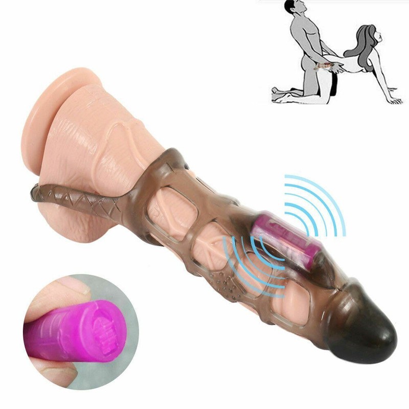 Vibrating Male Penis Extension Extender Sleeve Cock Cage Couple Sex Toys