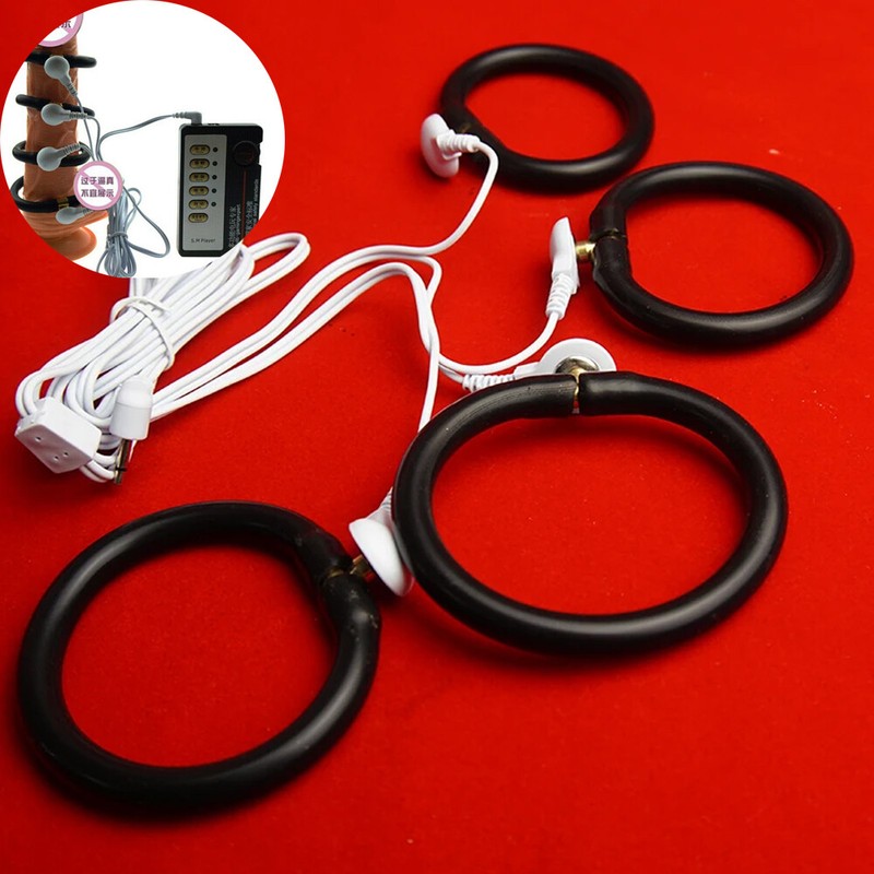 E-Stim Shock Therapy Cock Ring Enlarger Penis Stimulate 4*Rings Sex Toys for Men