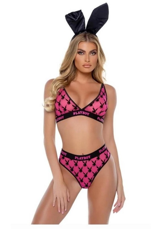 Playboy Flocked Bunny Bra Set – Medium – Pink/Black