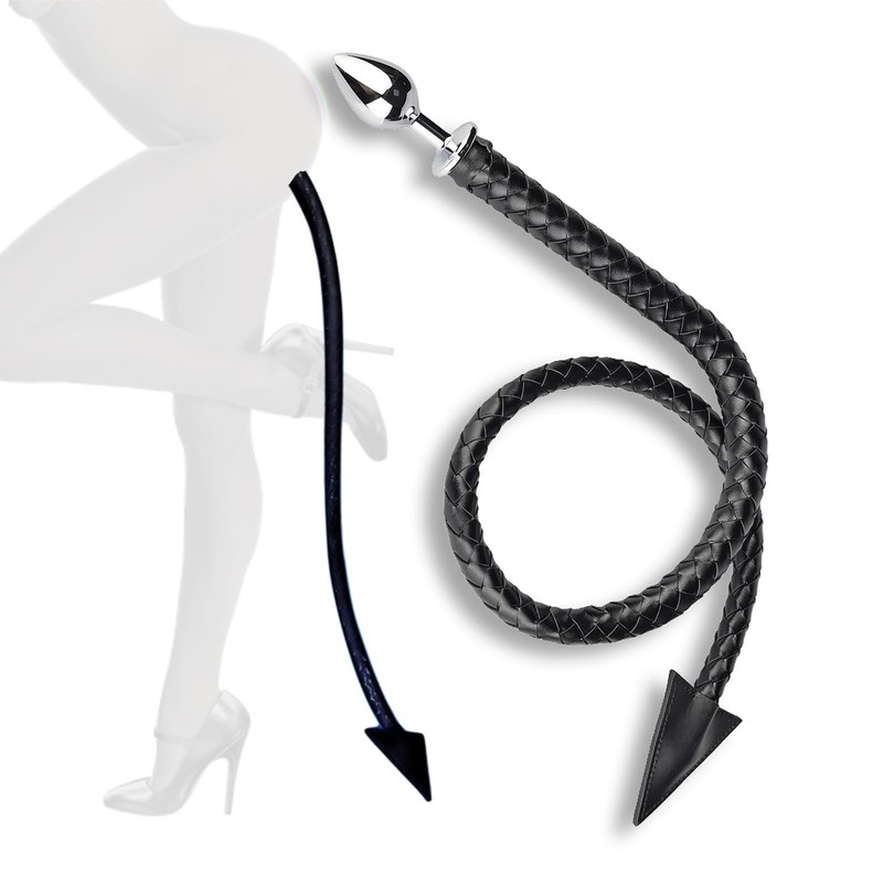 Devil Tail Plug 2-in-1, 42 Inch PU Leather Whip Tail with 3.5cm Metal Butt Pl…