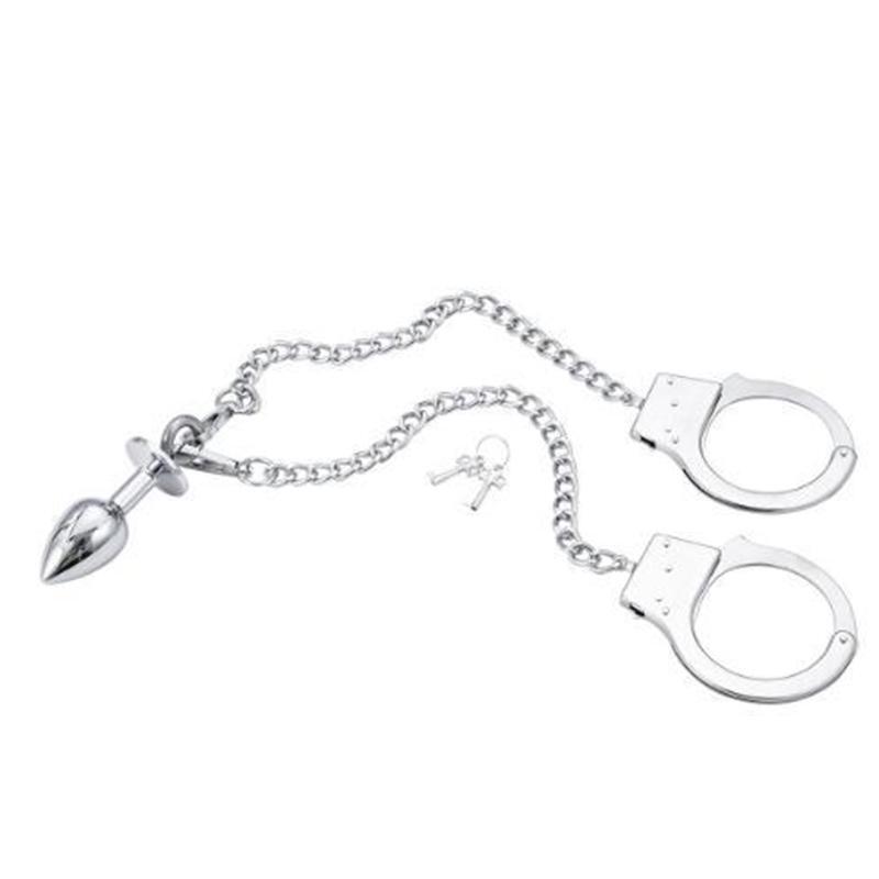 Fetish Metal Handcuffs Hand Shackles Restraints Anal Butt Plug Sex Bondage BDSM