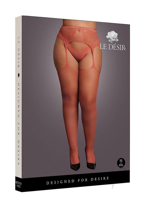 Le Desir Fishnet and Lace Garterbelt Stocking – Queen – Sunset Glow Orange