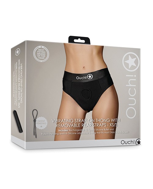 Shots Ouch Vibrating Strap-On Thong with Removable Straps, Black, XS/S