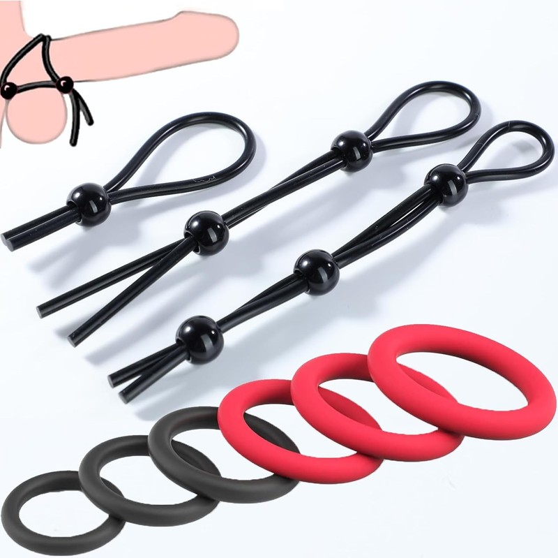 Adjustable Penis Ring Set for Men, 9 PCS Silicone Cock Rings Black and Red Toys
