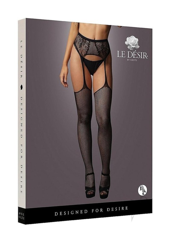 Le Desir Fishnet and Lace Garterbelt Stocking – O/S – Black