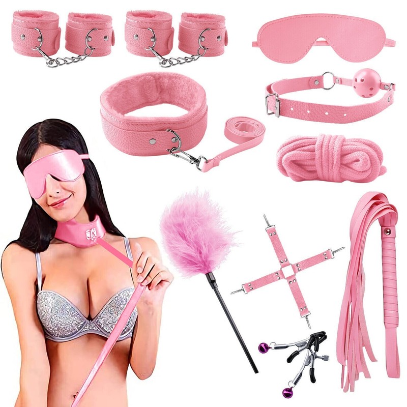 10pcs pink Bondage Set Handcuffs Bed Leg Strap Harness Spreader Thigh Cuffs BDSM