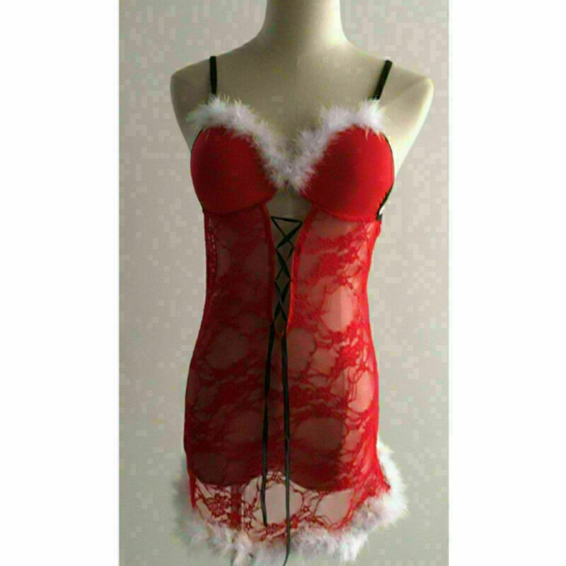 Christmas Sexy Lingerie Santa Costume Babydolls Lace Chemise Red Sleepwear Set