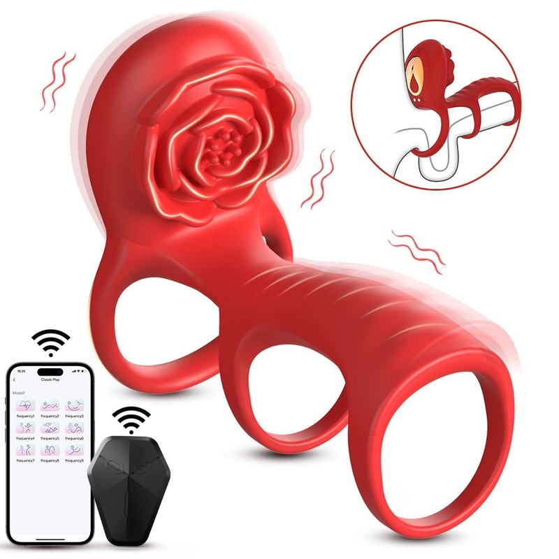 App Remote Rose Triple Penis Ring Couples Vibrator 9 Modes Clitoral Stimulator