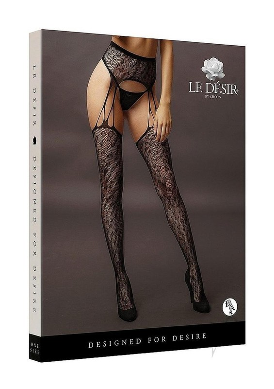 Le Desir Suspender Leopard Pantyhose – O/S – Black
