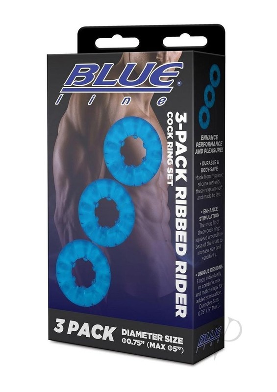 Blue Line Ribbed Rider Cock Ring (3 Pack) – Blue