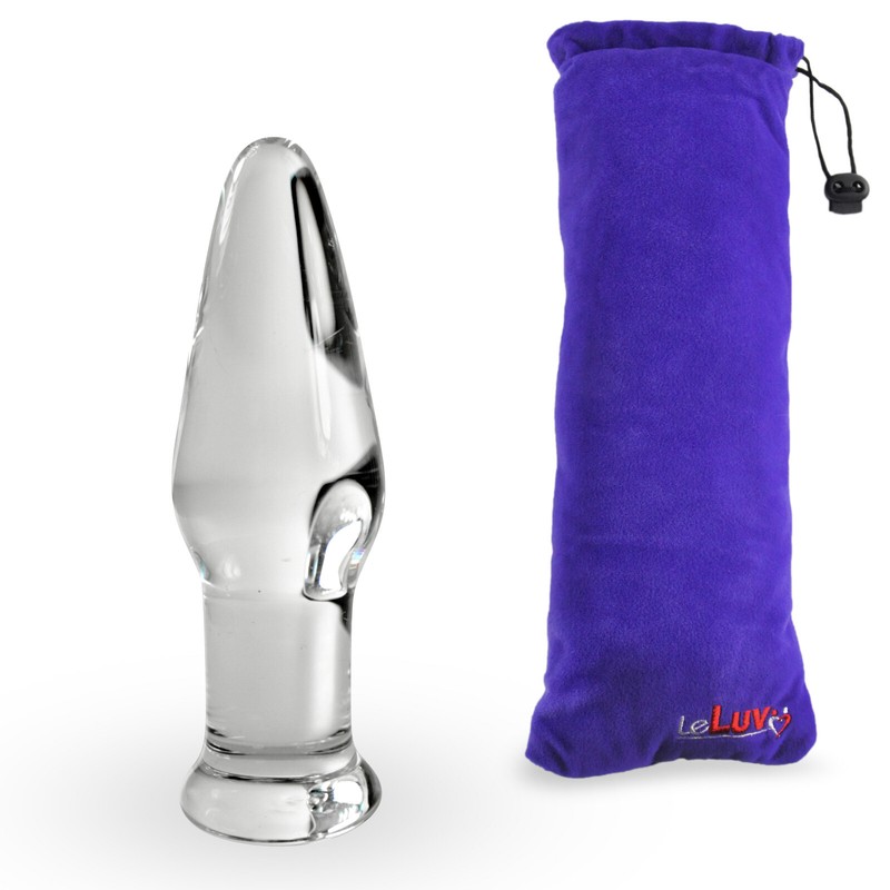 LeLuv Glass Butt Plug Pointed Tip & Flat Base with 1 Inch Shaft + Padded Pouch