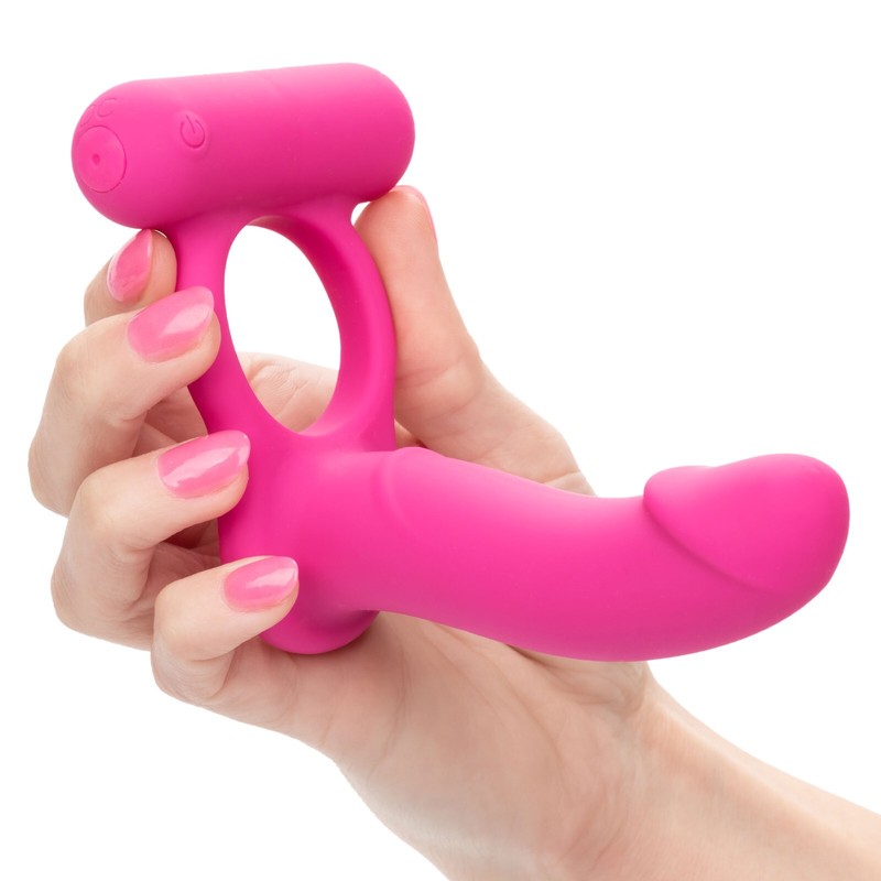 Cal Exotics Silicone Rechargeable Double Diver Pink -Vibrating Cock Ring DP Dong gallery
