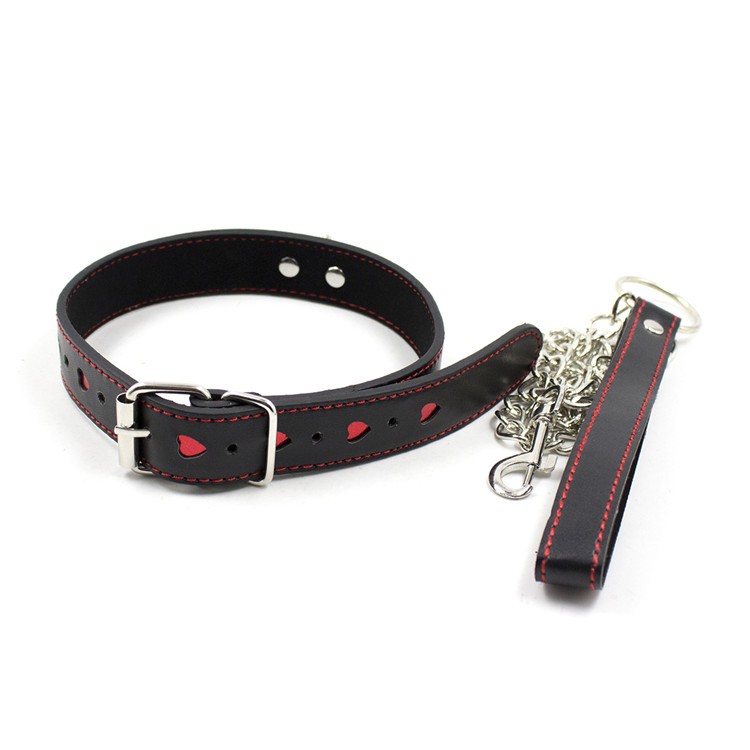 PU Leather Neck Collar With Metal Chain Red Heart Print Bondage Slave Sex Toys
