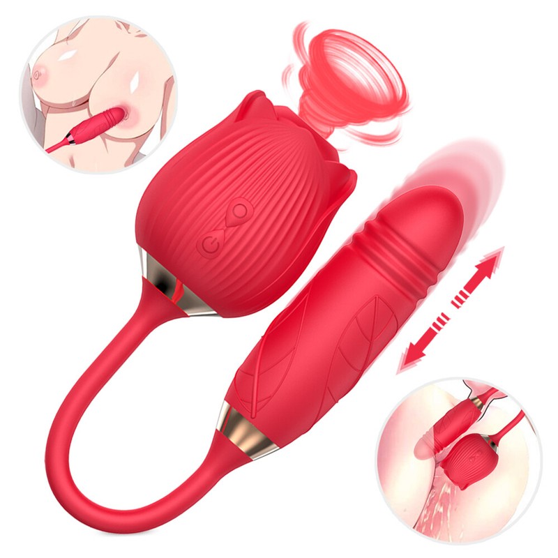 Rose Clit G-spot Vibrator Oral Sucking Thrusting Dildo Bullet Sex Toys for Women