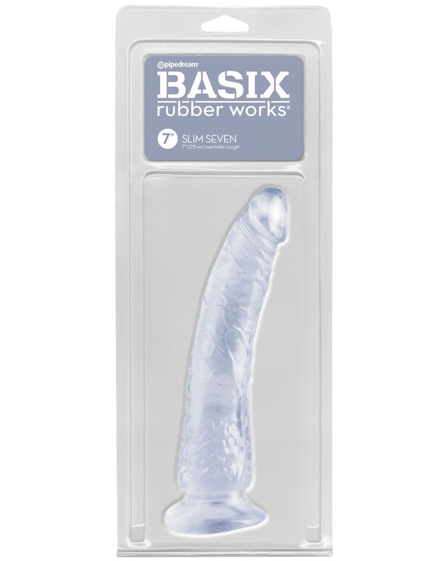 Basix Rubber Works Slim Seven 7 inches Clear Dong with Suction Cup Based, New