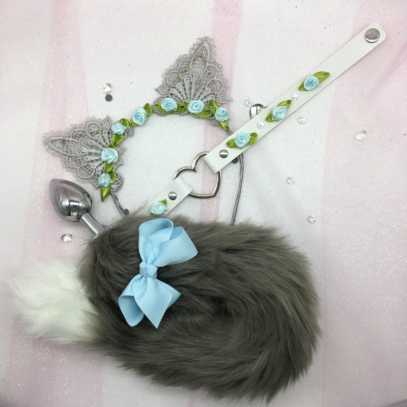 Customized Gray Blue Kitten Cat Set BDSM DDLG PetPlay Tail Ears Collar Butt Plug