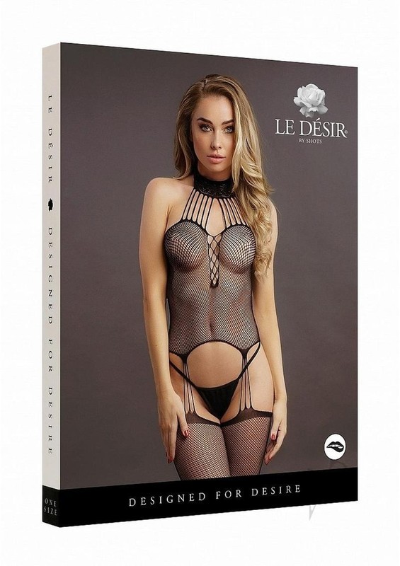 Le Desir Suspender Fishnet Choker Bodystocking – O/S – Black