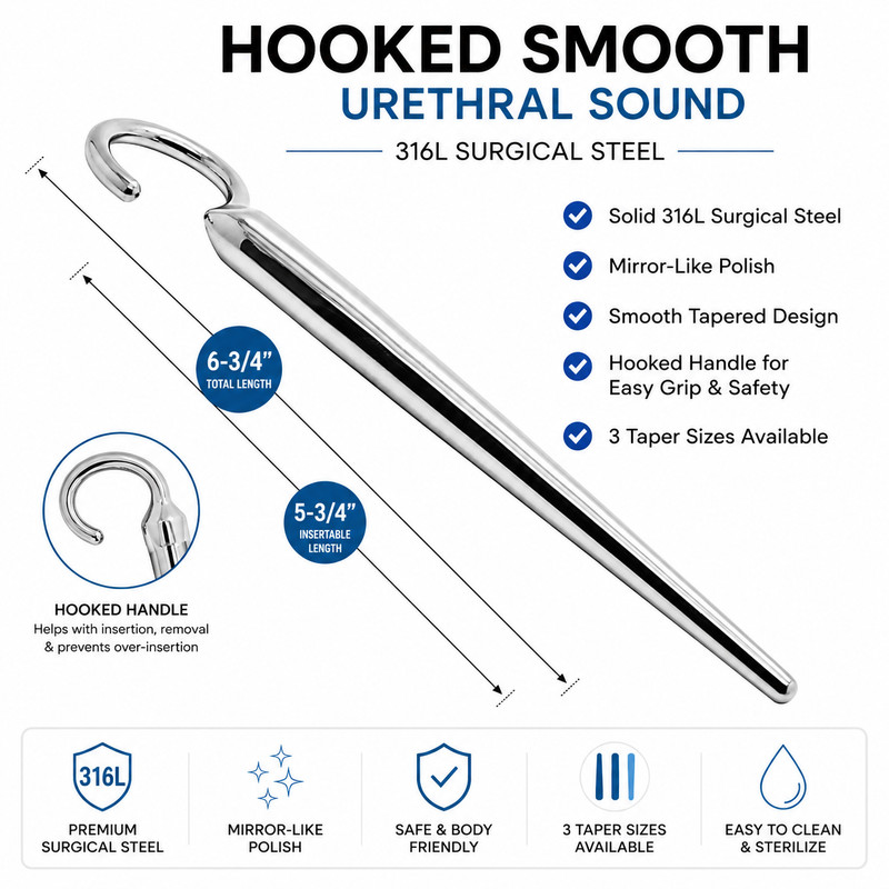 Hooked Smooth Urethral Sound, 316L Surgical Steel Solid Penis Sounding For Men gallery